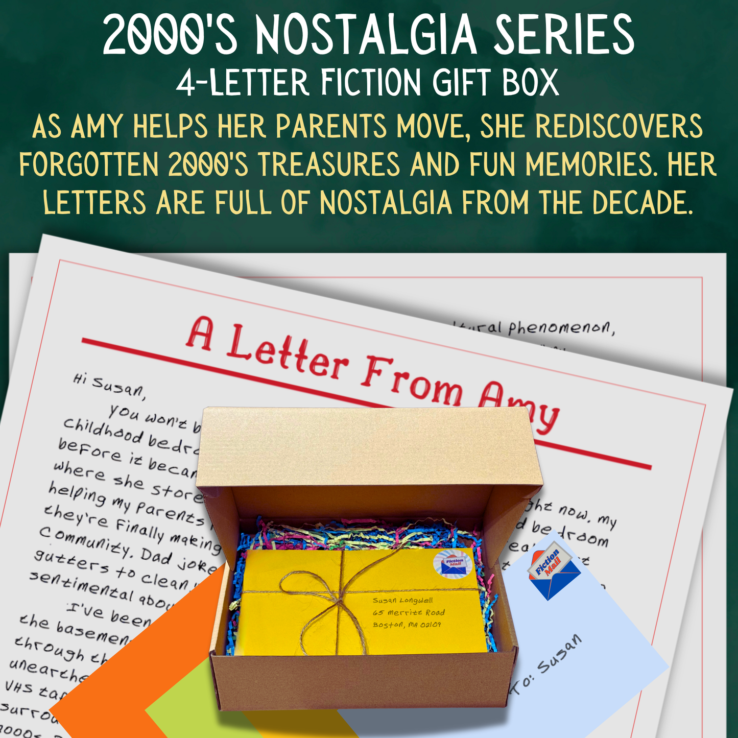 2000s Nostalgia fiction gift box with 4 personalized letters tied with twine in colorful envelopes