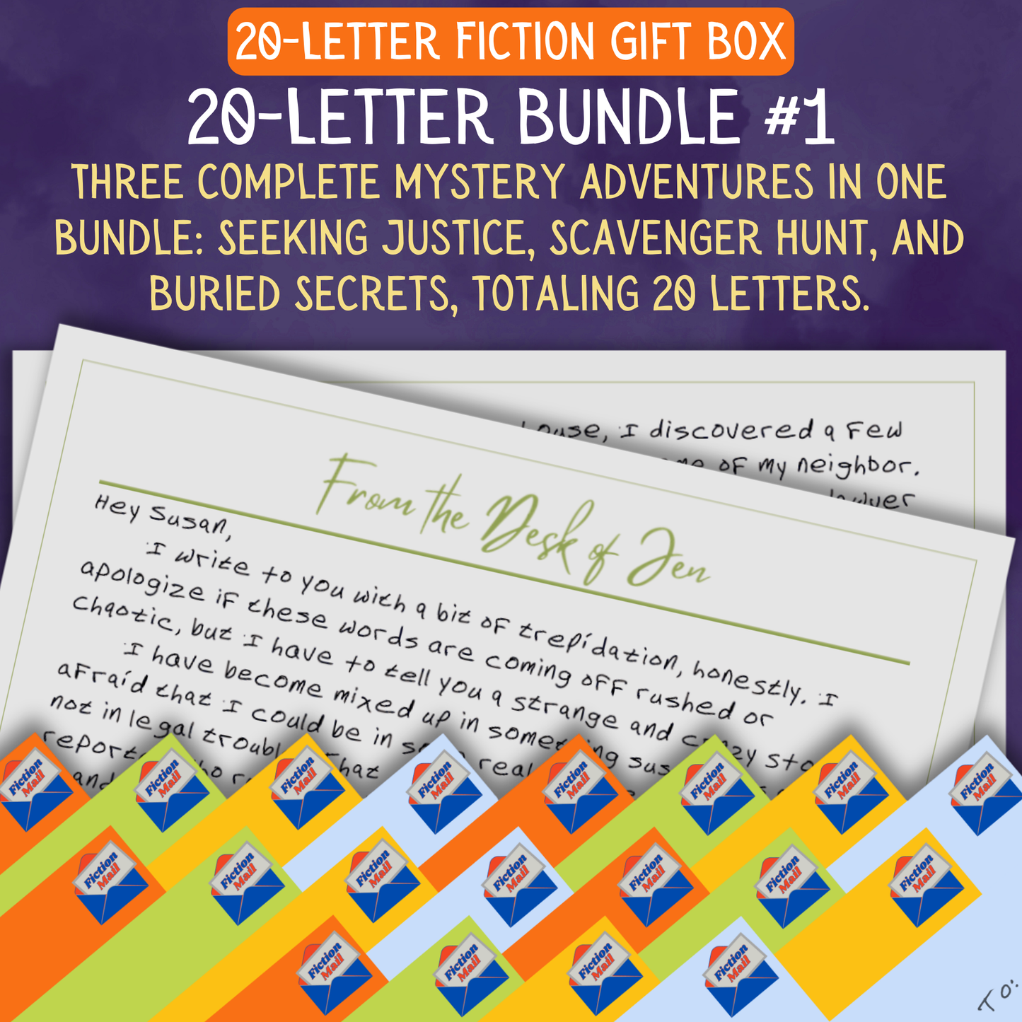20 Letter fiction gift box with personalized letters tied with twine in colorful envelopes