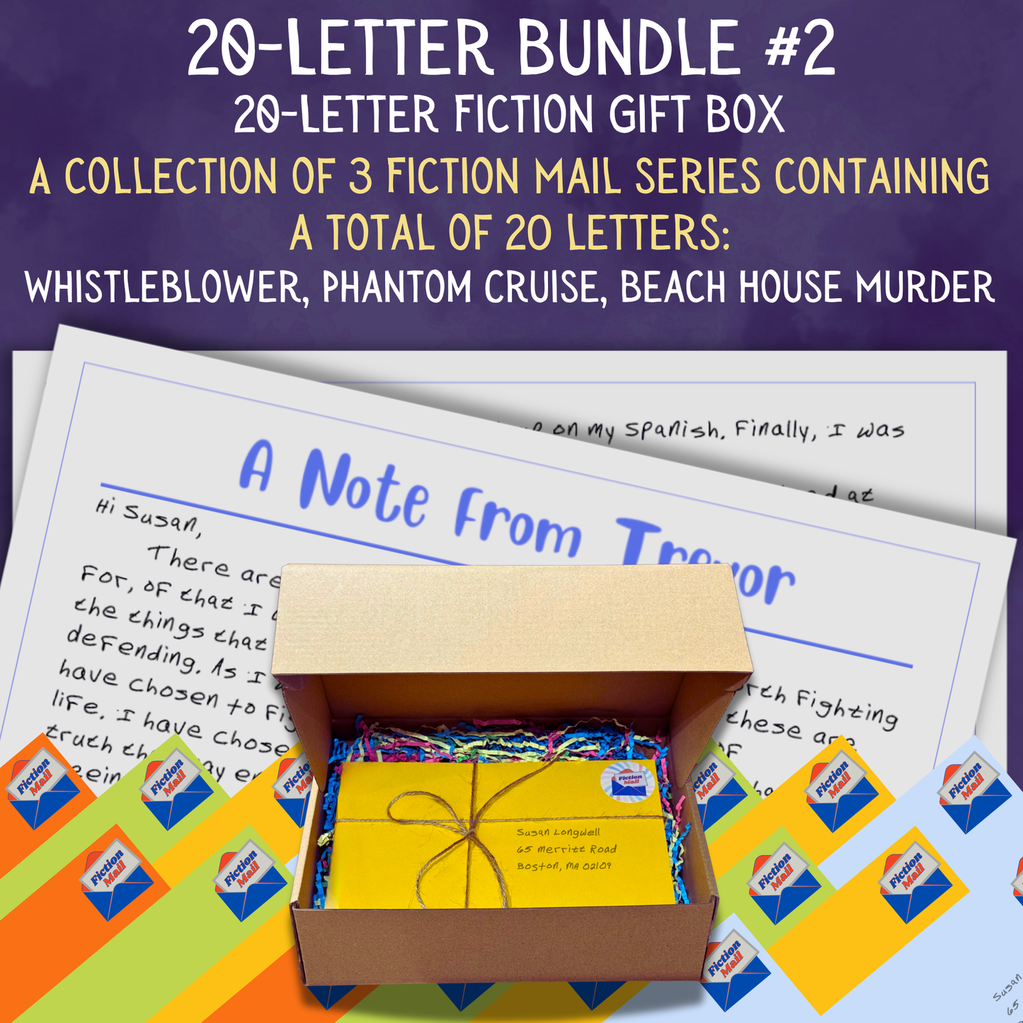 A fun fiction gift box with 20 personalized letters tied with twine in colorful envelopes