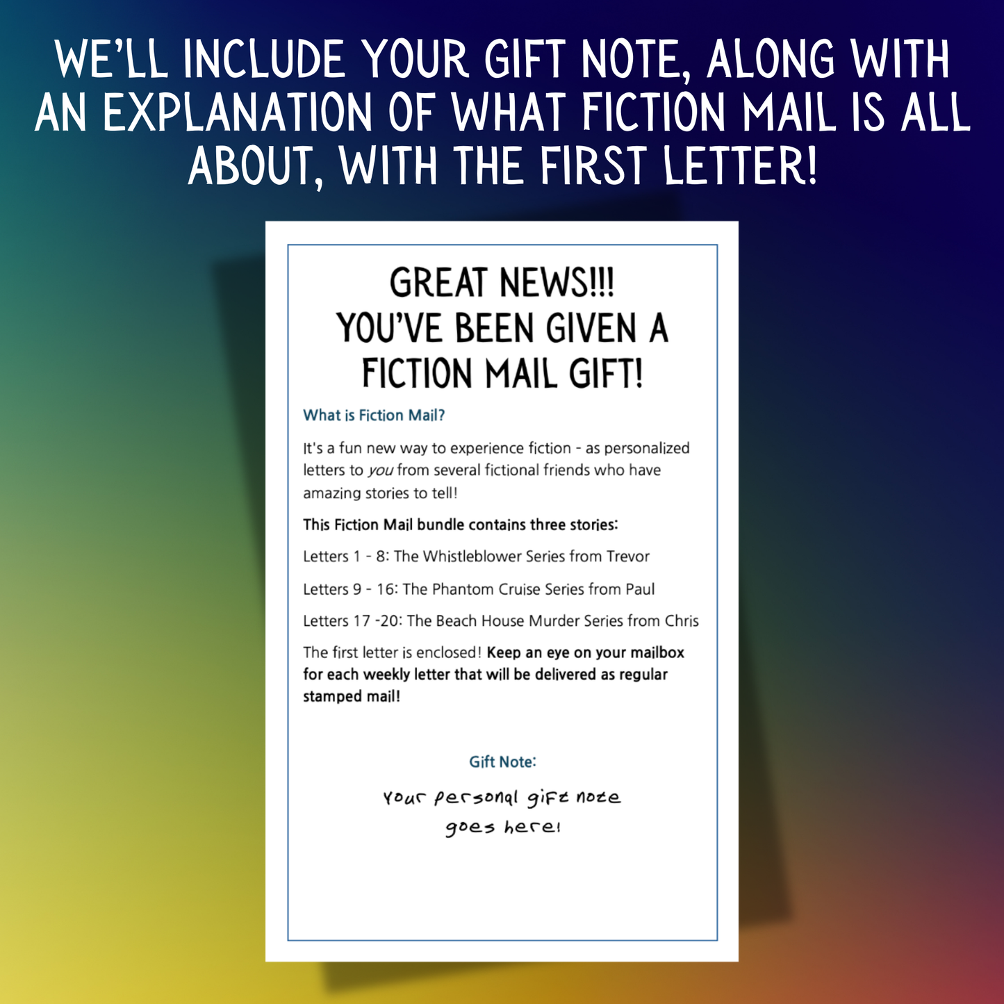 Example of a Gift Note for Fiction Mail 20 Letter Bundle of Stories as Letters