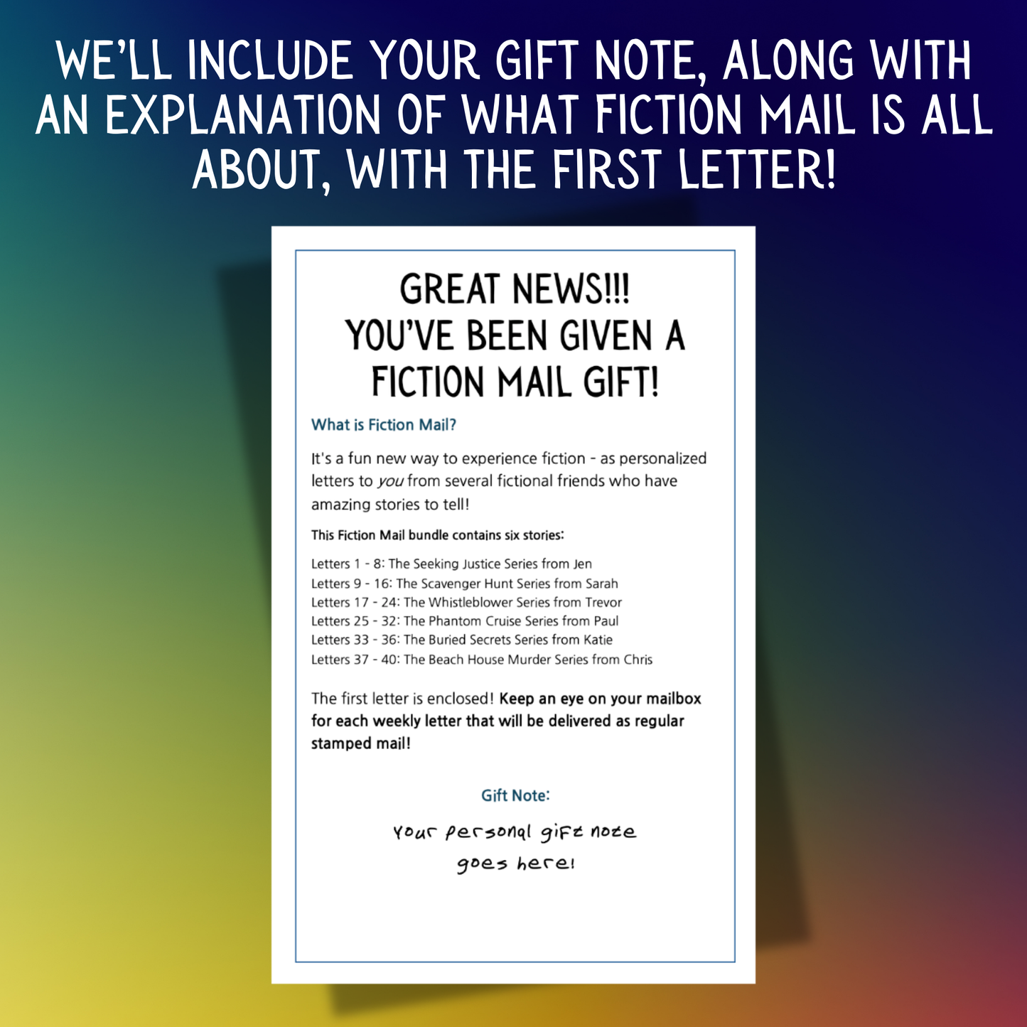 Example of a Gift Note for Fiction Mail 40 Letter Bundle of Stories as Letters
