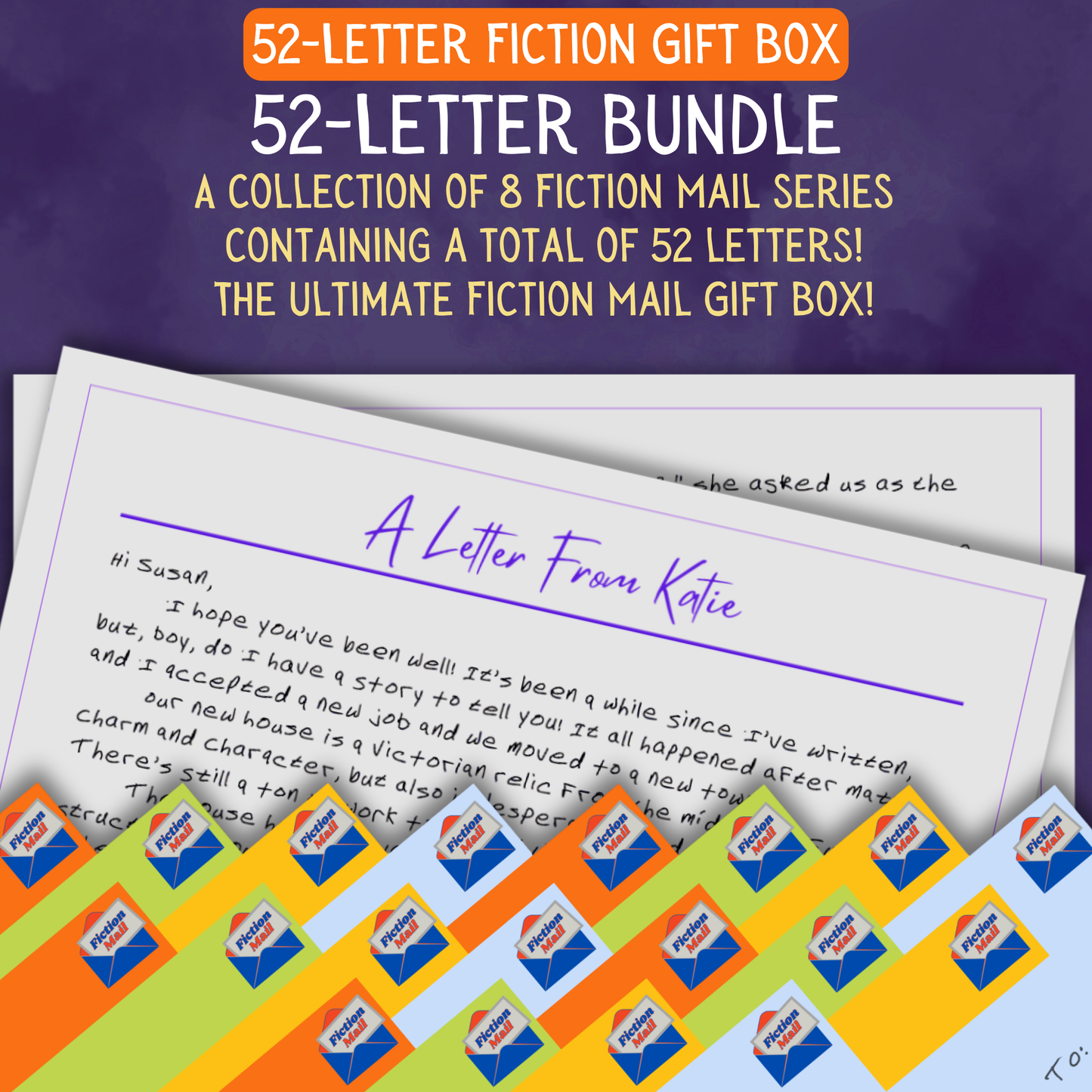 A fun fiction gift box with 52 personalized letters tied with twine in colorful envelopes