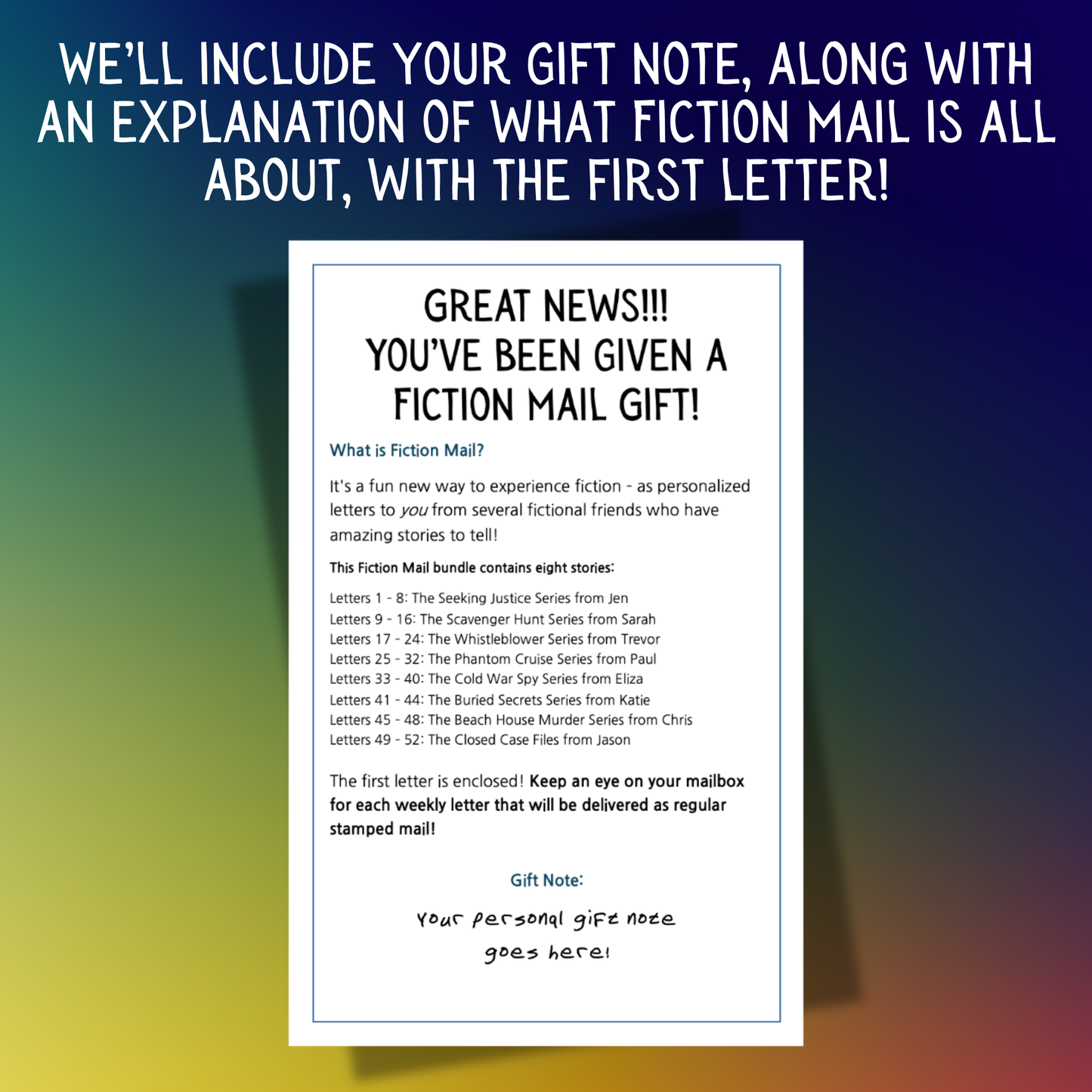 Example of a Gift Note for Fiction Mail 52 Letter Bundle of Stories as Letters