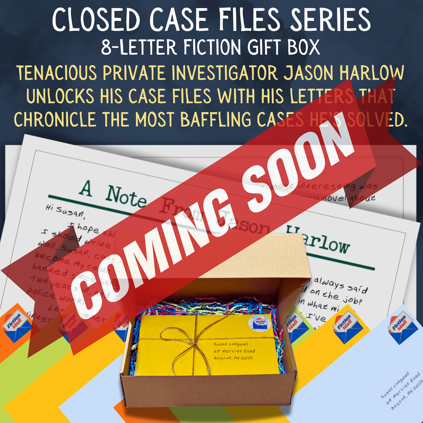 Detective fiction gift box with 8 personalized letters tied with twine in colorful envelopes