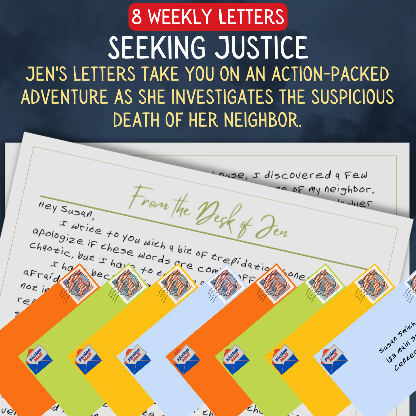 Promotional Graphic for Fiction Mail Seeking Justice Series of Stories as Letters
