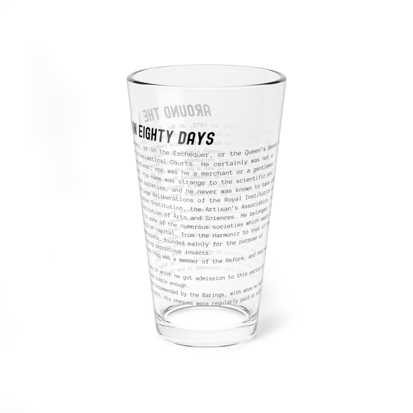 Pint Glass Featuring the Opening Passage of Around the World in Eighty Days by Jules Verne