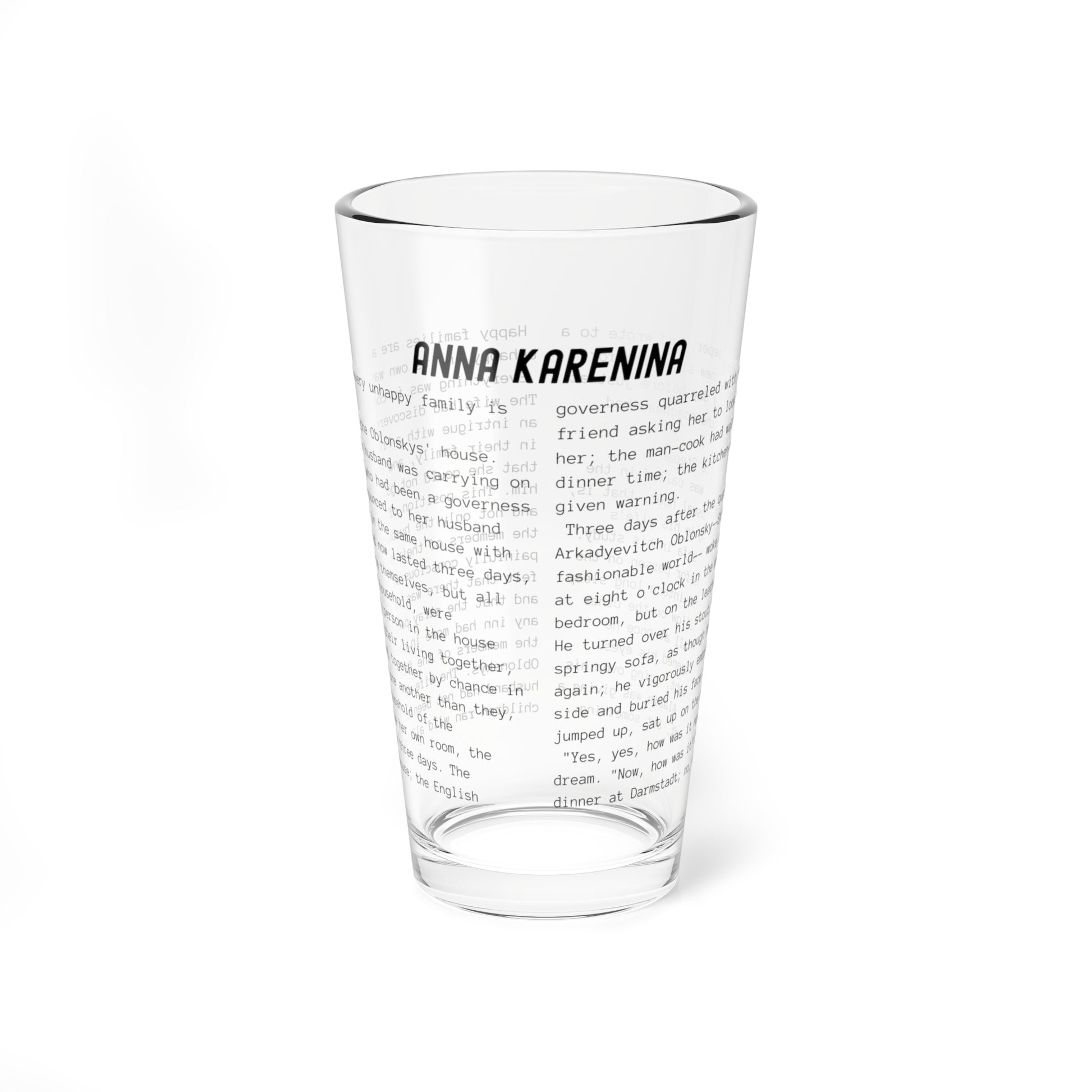 Pint Glass Featuring the Opening Passage of Anna Karenina by Leo Tolstoy