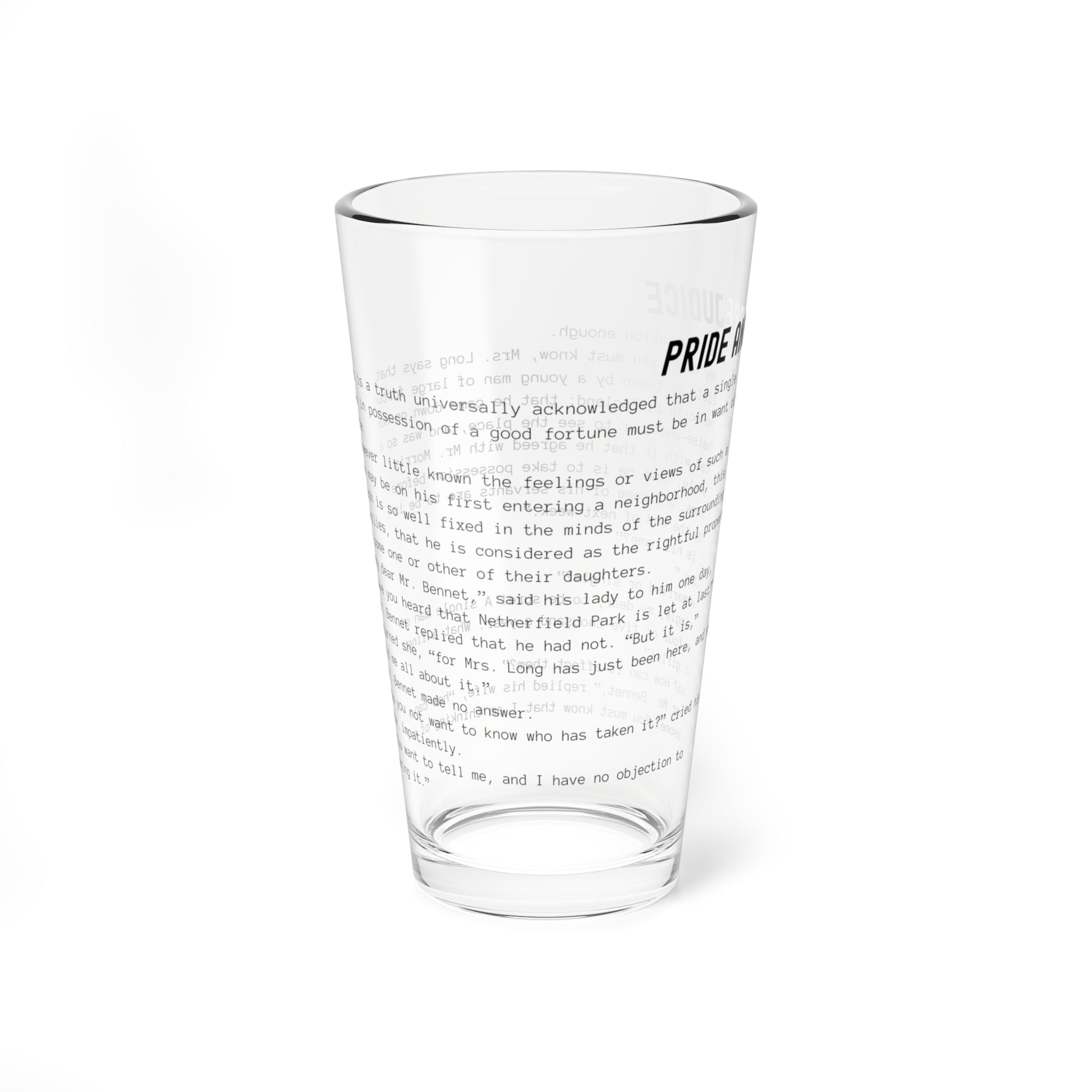 Fiction Pint Glass | Pride and Prejudice Pint Glass | Classic Opening Passage | Book Lover Gift