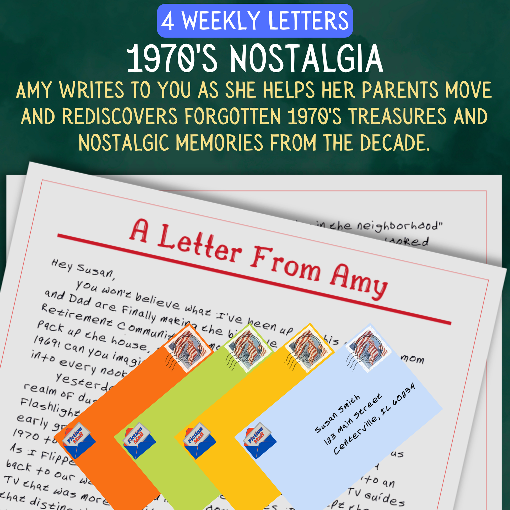 Promotional Graphic for Fiction Mail 1970s Nostalgia Series of Stories as Letters