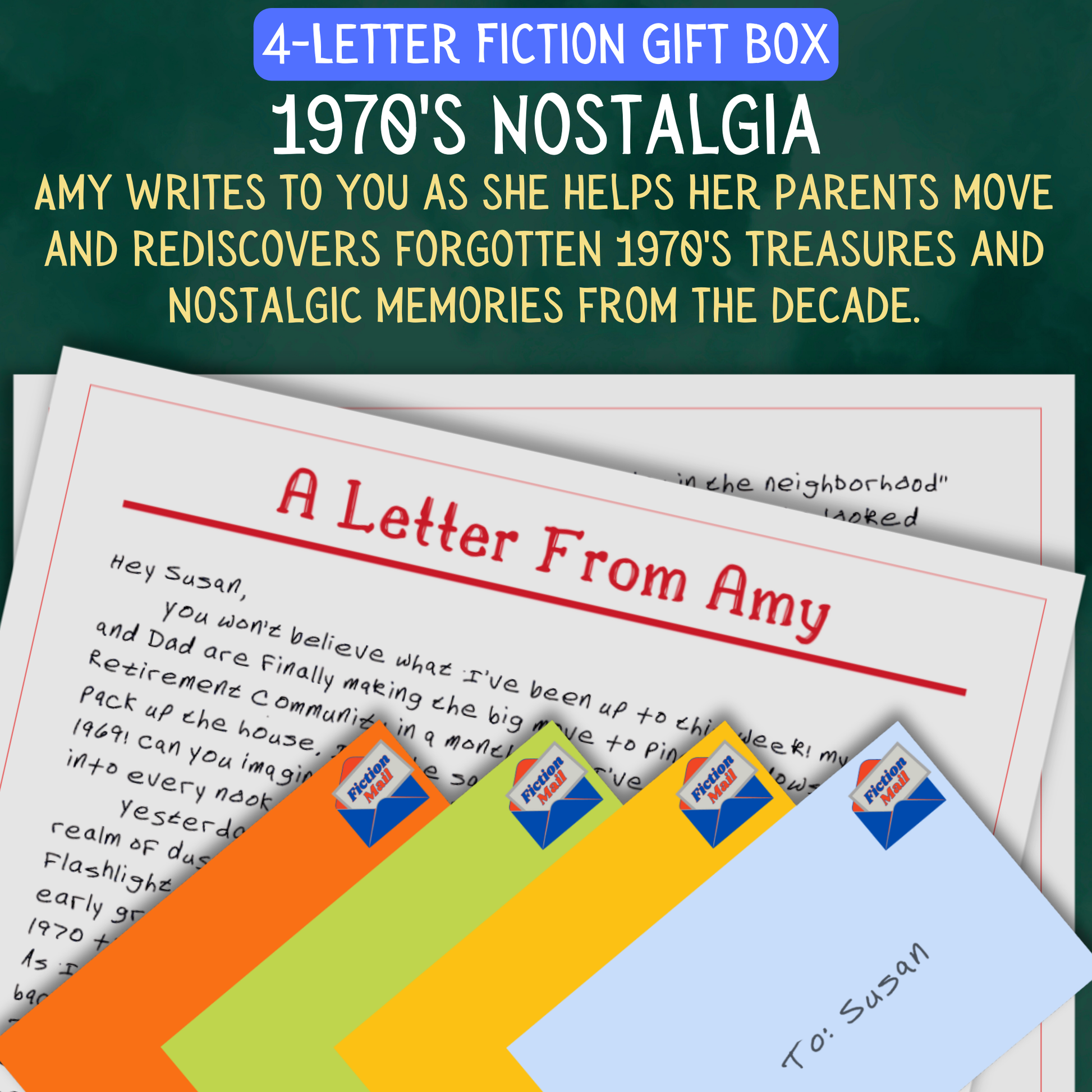1970s Nostalgia fiction gift box with 4 personalized letters tied with twine in colorful envelopes