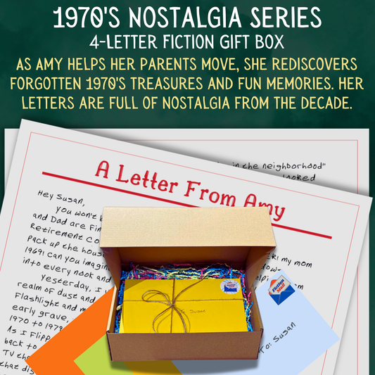 1970s Nostalgia fiction gift box with 4 personalized letters tied with twine in colorful envelopes