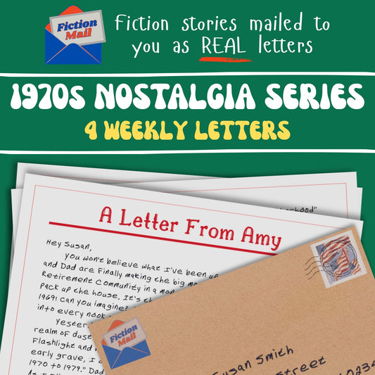 Promotional graphic for a 1970s nostalgia series of fiction letters, showing a green header with white and yellow text, a Fiction Mail logo, and sample letter and envelope artwork on a white background.