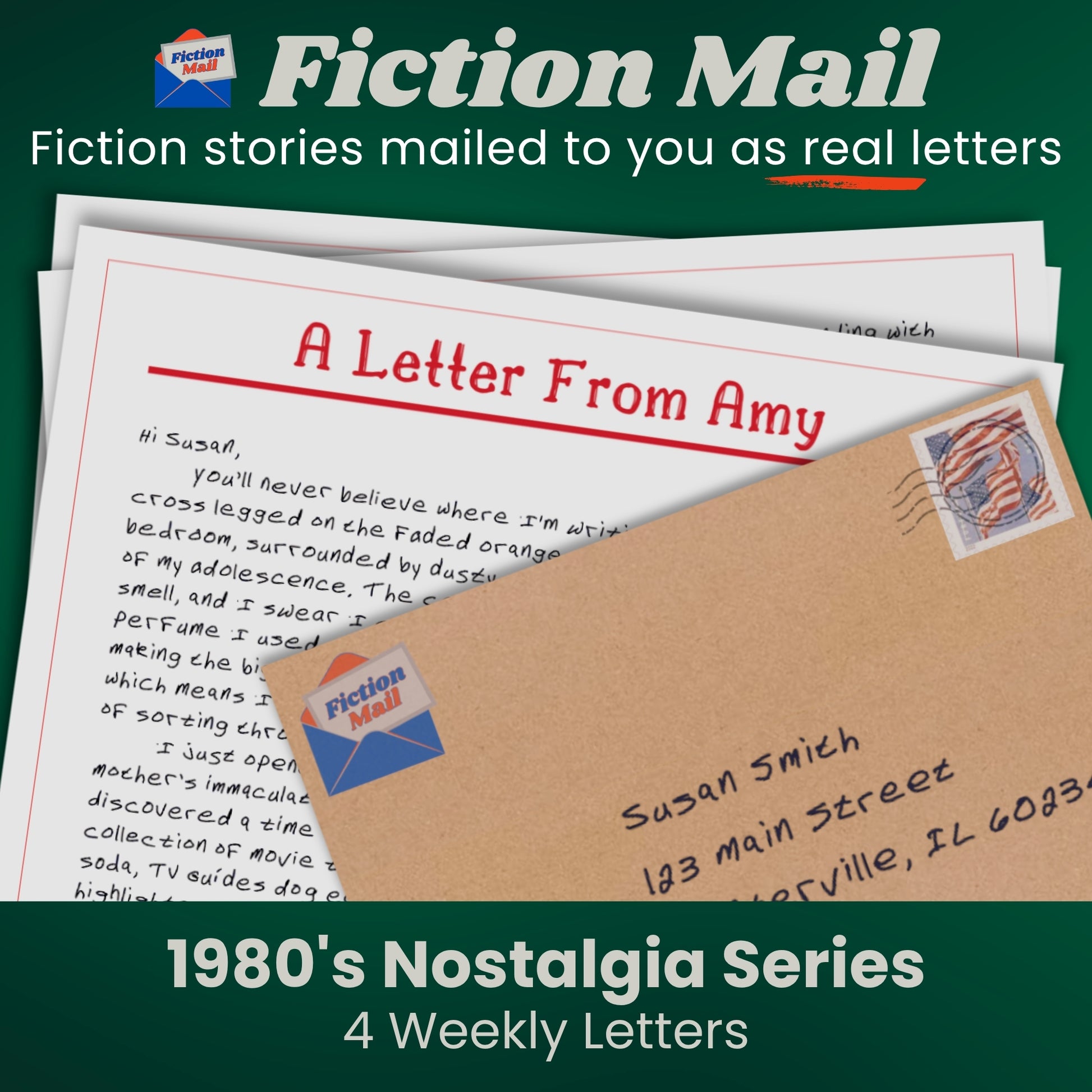 Image of a letter and envelope in our custom handwriting font from the 1980s Nostalgia series of Fiction Mail stories as letters.
