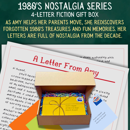 1980s Nostalgia fiction gift box with 4 personalized letters tied with twine in colorful envelopes