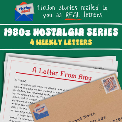 Promotional graphic for a '1980s Nostalgia Series' by Fiction Mall, showing a stack of vintage-style letters with a brown envelope and a letterhead reading 'A Letter From Amy' on a green background.