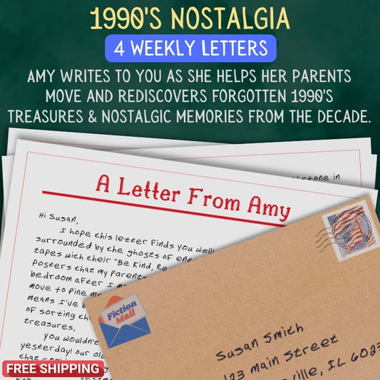 Promotional graphic for '1990's Nostalgia' with letters and envelope, featuring text about weekly letters from Amy.