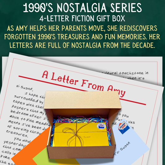 1990s Nostalgia fiction gift box with 4 personalized letters tied with twine in colorful envelopes