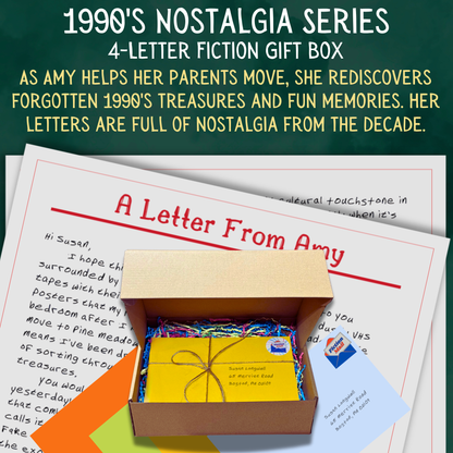 1990s Nostalgia fiction gift box with 4 personalized letters tied with twine in colorful envelopes