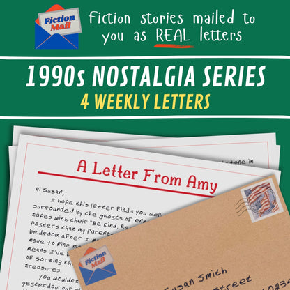 Promotional graphic for a 1990s nostalgia series of 4 weekly letters from Fiction Mall, showing a green header with white and yellow text, and several sample letters fanned out below, including one with a brown envelope and postmark.