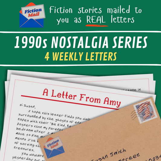 Promotional graphic for a 1990s nostalgia series of 4 weekly letters from Fiction Mall, showing a green header with white and yellow text, and several sample letters fanned out below, including one with a brown envelope and postmark.