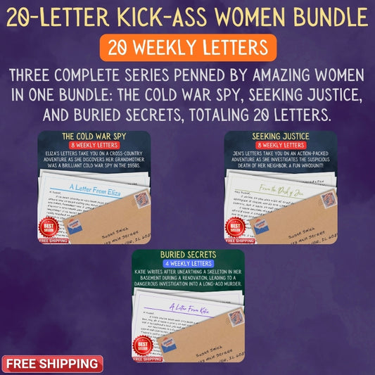 Promotional graphic for a '20-Letter Kick-Ass Women Bundle' with three book covers on a purple background.