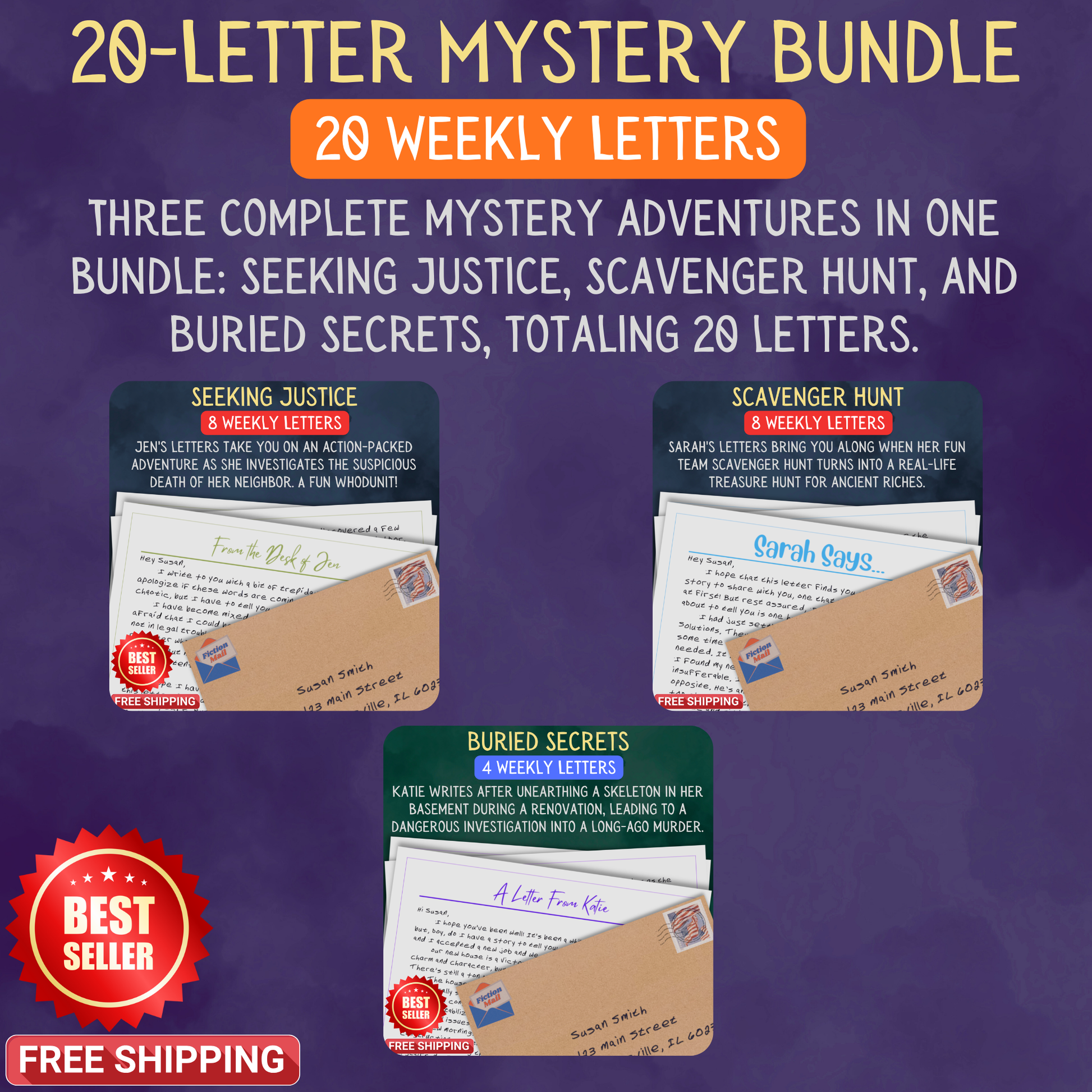 Promotional Graphic for Fiction Mail 20 Letter Mystery Bundle of Stories as Letters