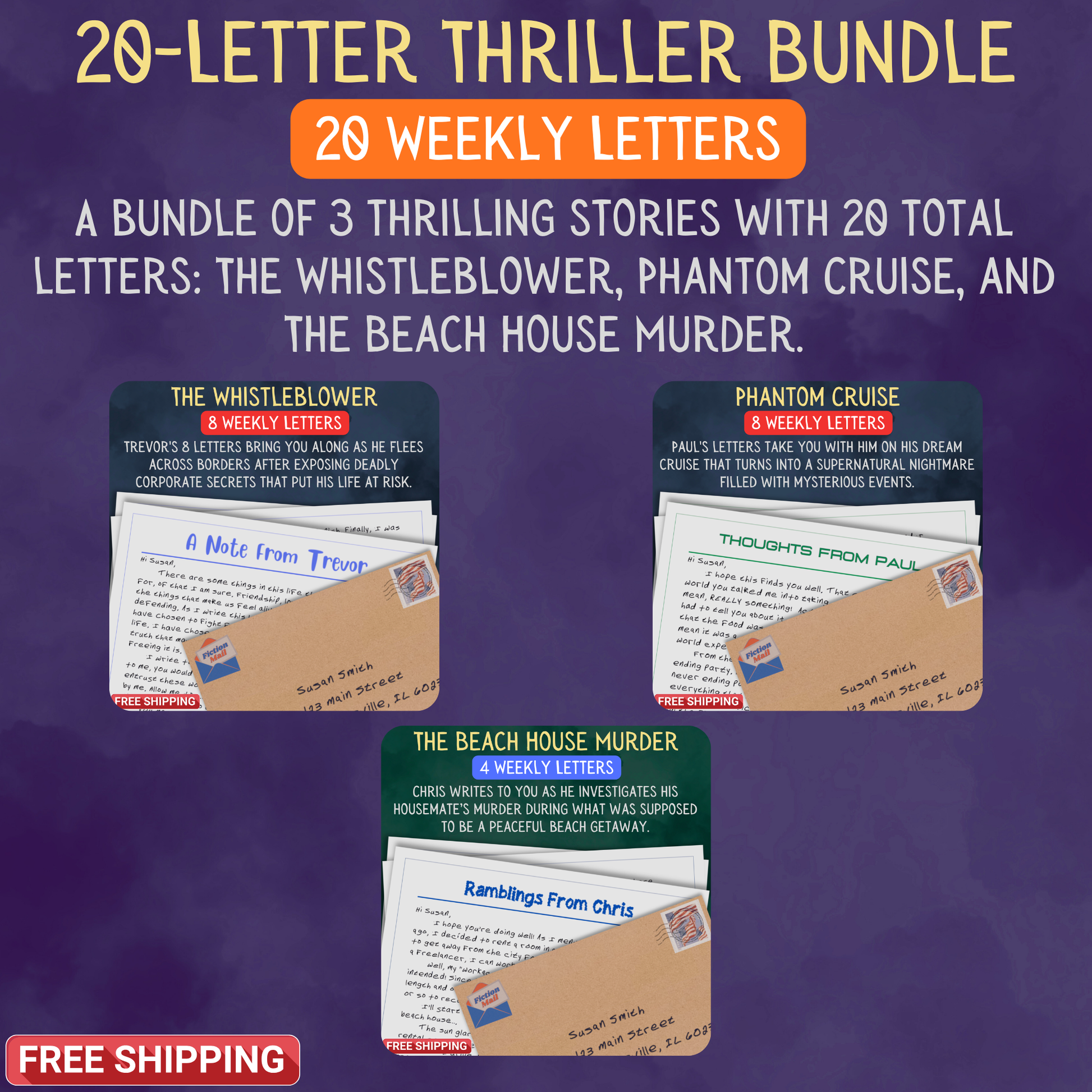 Promotional Graphic for Fiction Mail 20 Letter Thriller Bundle of Stories as Letters