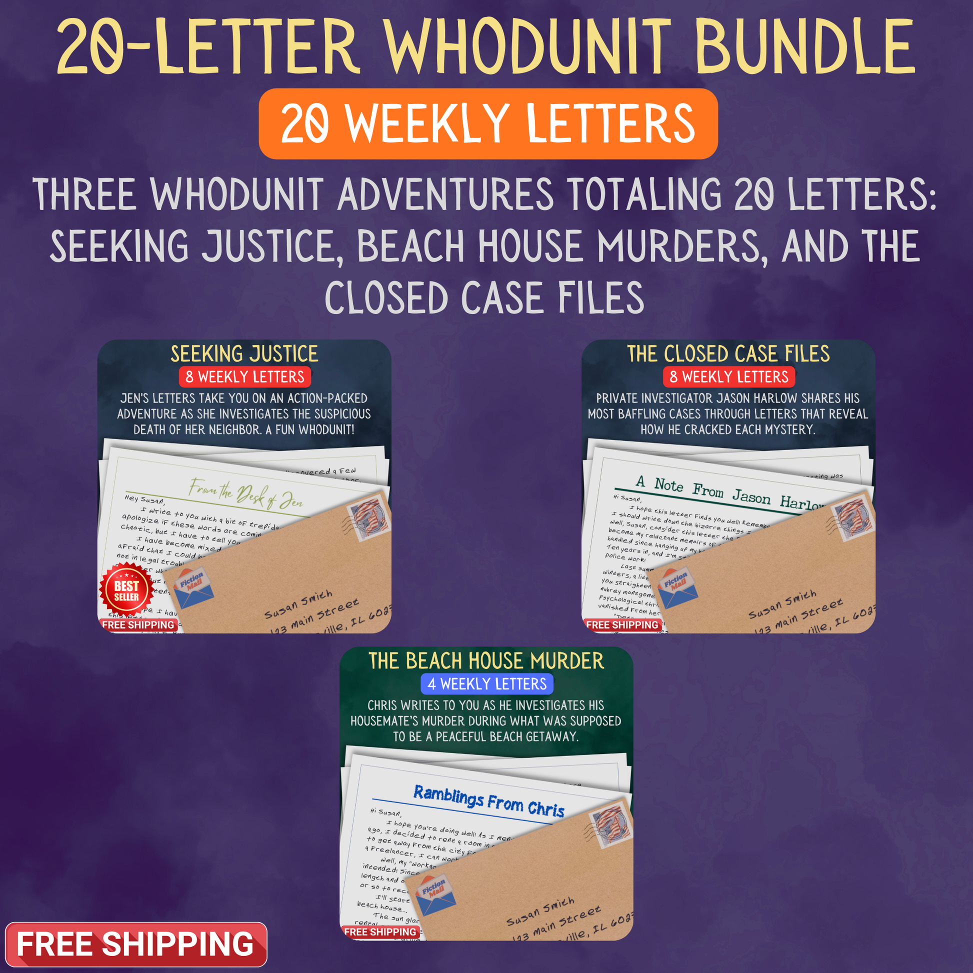 Promotional Graphic for Fiction Mail 20 Letter Whodunit Bundle of Stories as Letters