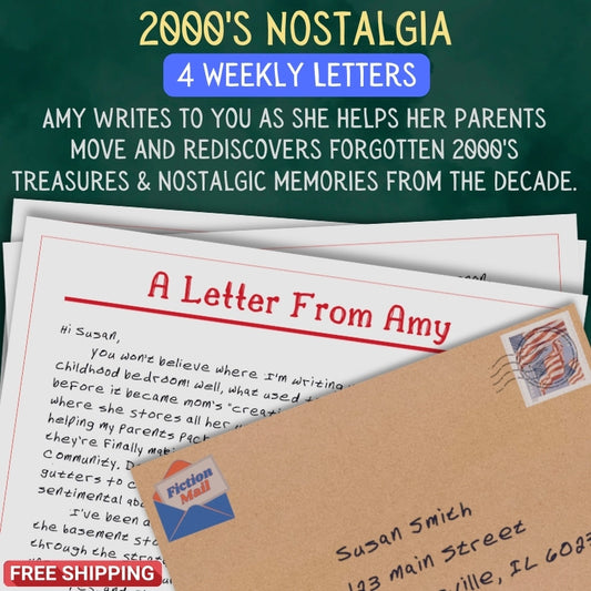 Promotional graphic for '2000's Nostalgia' with letters and envelope on a green background