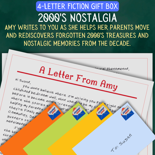 2000s Nostalgia fiction gift box with 4 personalized letters tied with twine in colorful envelopes