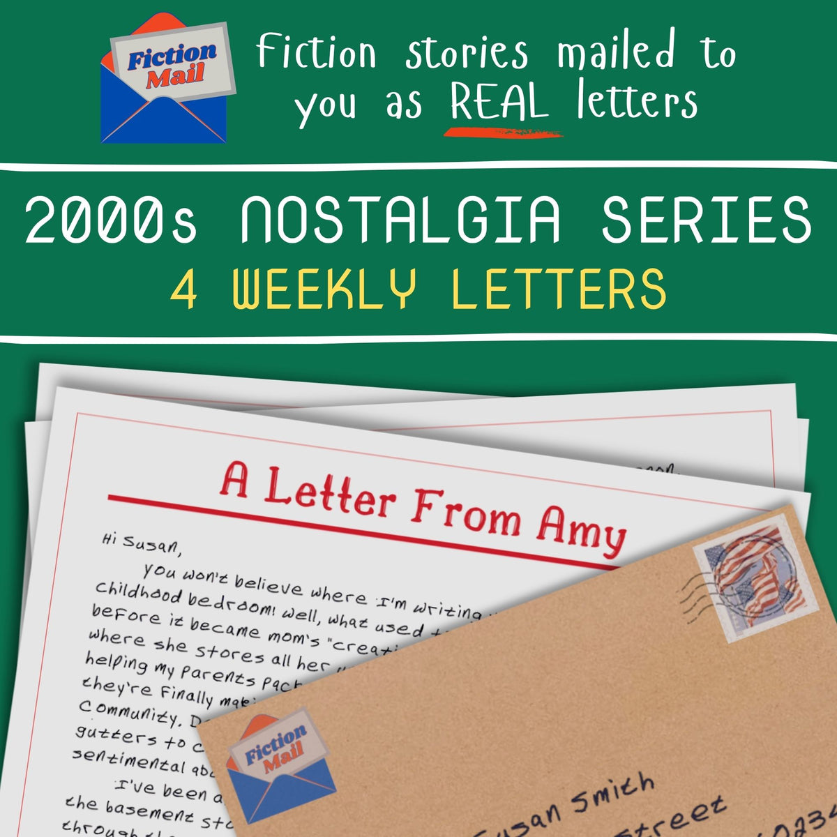Promotional graphic for a '2000s Nostalgia Series' by Fiction Mall, showing a stack of vintage-style letters with one titled 'A Letter From Amy' and a brown envelope with a postage stamp. The top section has a green background with white and yellow text explaining that fiction stories are mailed to readers as real letters.