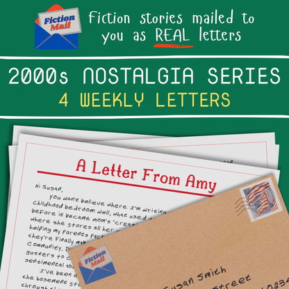 Promotional graphic for a '2000s Nostalgia Series' by Fiction Mall, showing a stack of vintage-style letters with one titled 'A Letter From Amy' and a brown envelope with a postage stamp. The top section has a green background with white and yellow text explaining that fiction stories are mailed to readers as real letters.