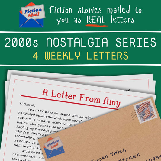 Promotional graphic for a '2000s Nostalgia Series' by Fiction Mall, showing a stack of vintage-style letters with one titled 'A Letter From Amy' and a brown envelope with a postage stamp. The top section has a green background with white and yellow text explaining that fiction stories are mailed to readers as real letters.