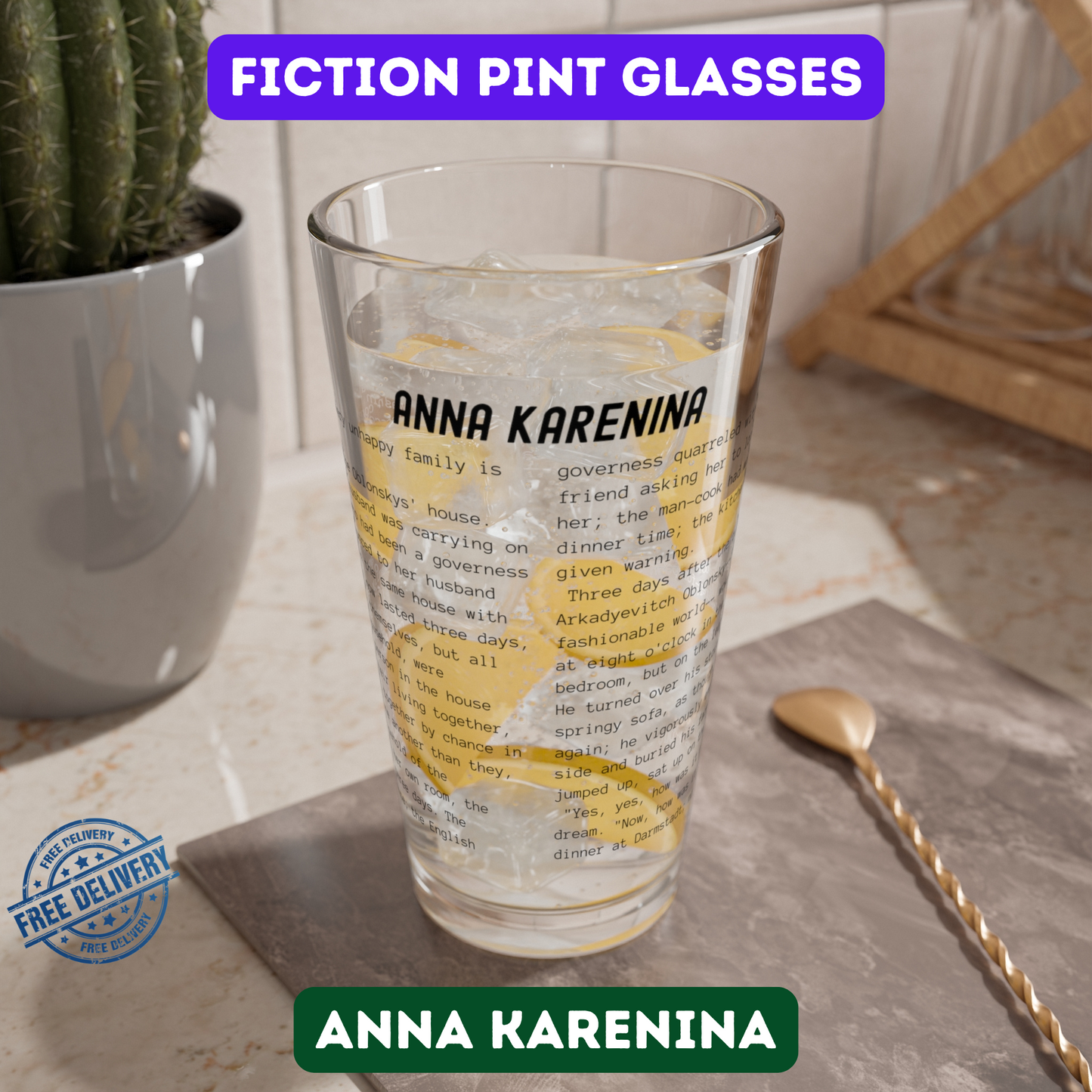 Pint Glass Featuring the Opening Passage of Anna Karenina by Leo Tolstoy