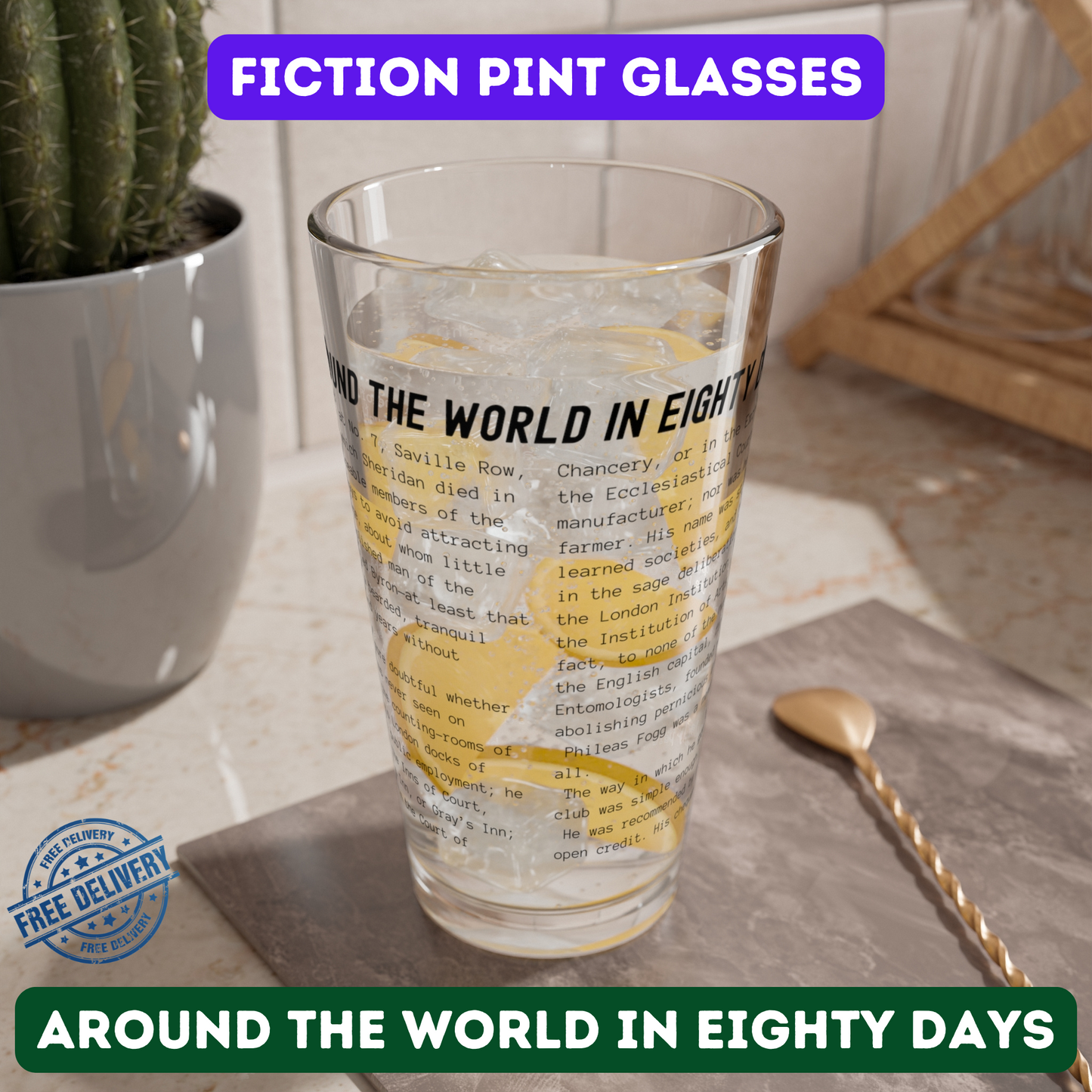 Pint Glass Featuring the Opening Passage of Around the World in Eighty Days by Jules Verne