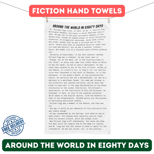 Hand Towel Featuring the Opening Passage of Around the World in Eighty Days by Jules Verne