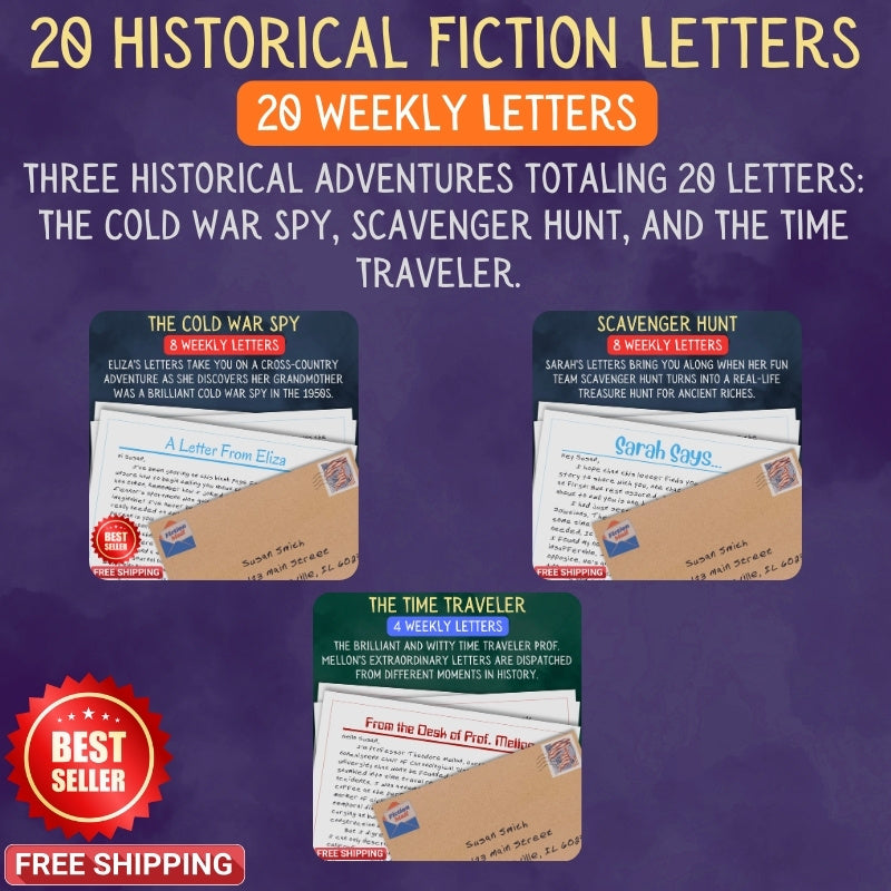 Promotional graphic for historical fiction letters from Fiction Mail with three different letter scenarios on a purple background.