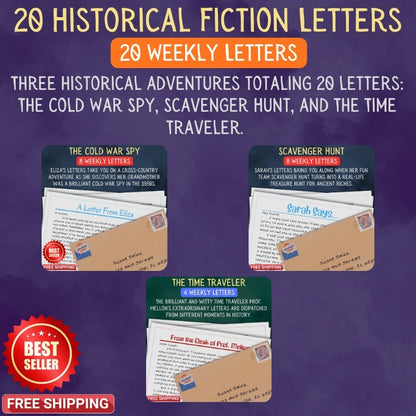 Promotional graphic for historical fiction letters from Fiction Mail with three different letter scenarios on a purple background.
