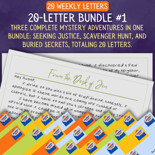 Promotional Graphic for Fiction Mail 20 Letter Bundle of Stories as Letters