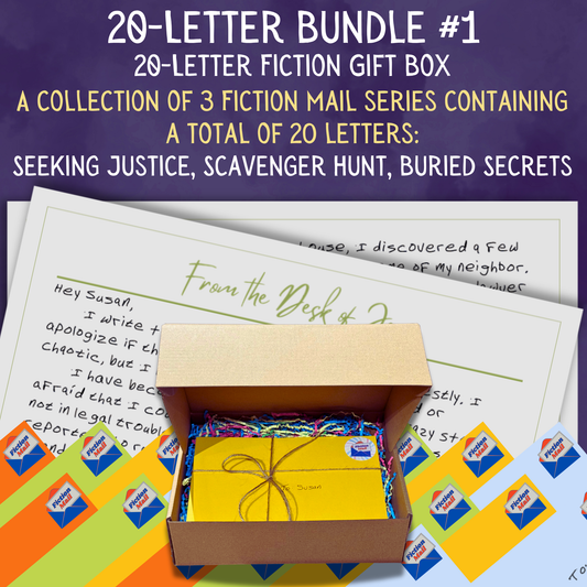 Gift for readers in a fiction gift box with 20 personalized letters tied with twine in colorful envelopes