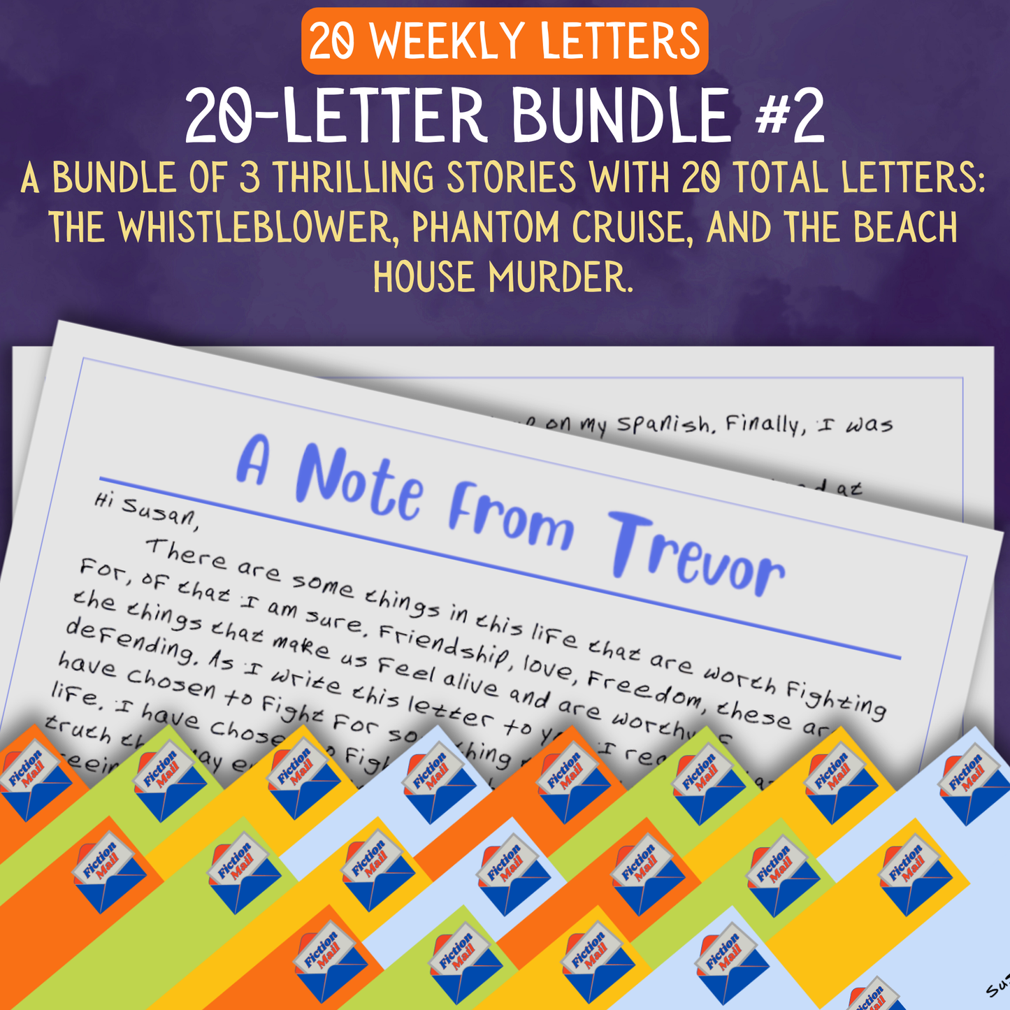 Promotional Graphic for Fiction Mail 20 Letter Bundle of Stories as Letters