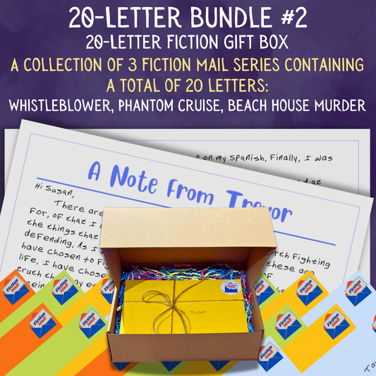 Fun fiction gift box with 20 personalized letters tied with twine in colorful envelopes