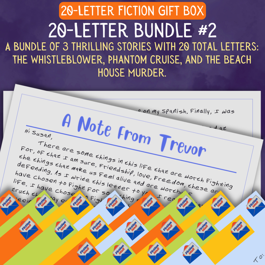 A fun fiction gift box with 20 personalized letters tied with twine in colorful envelopes