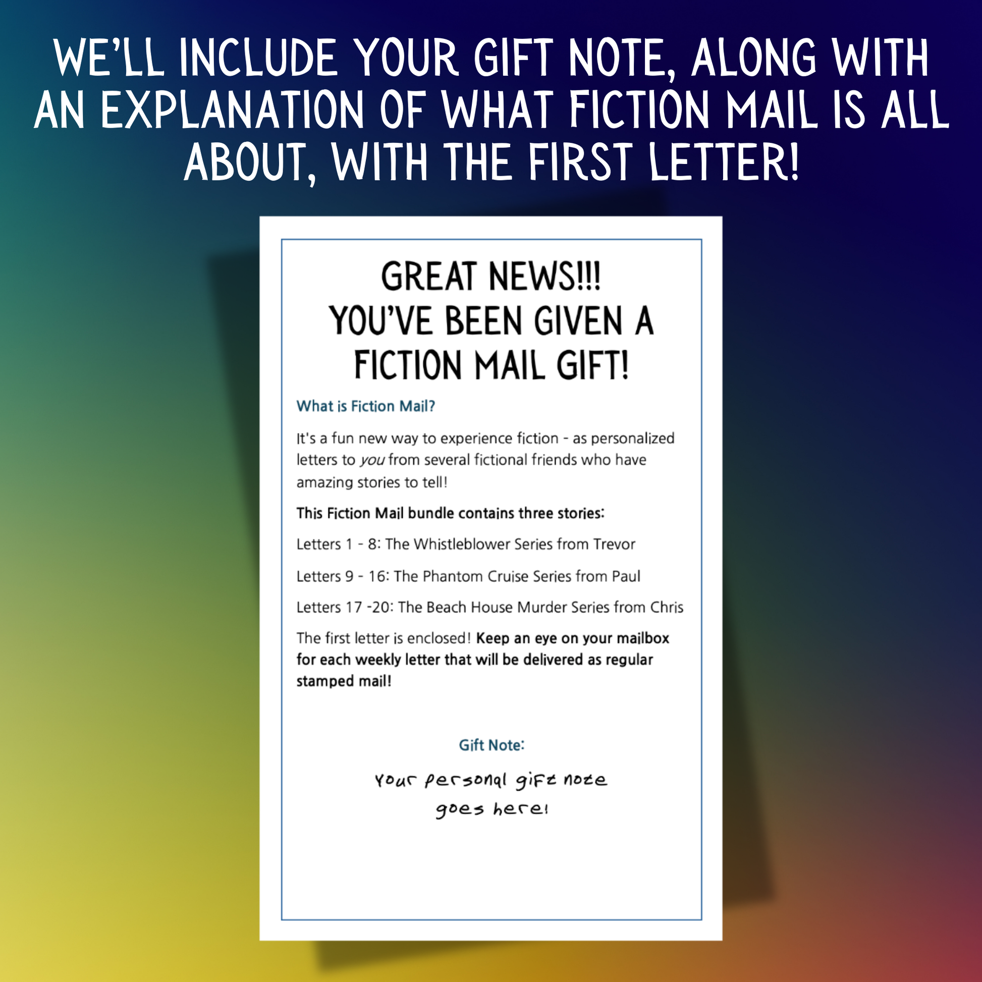 Example of a Gift Note for Fiction Mail 20 Letter Bundle of Stories as Letters