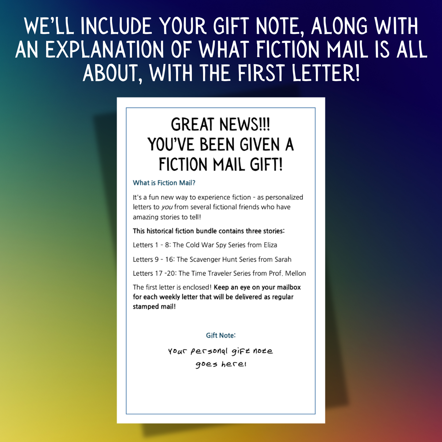 Example of a Gift Note for Fiction Mail Historical Fiction Bundle of Stories as Letters
