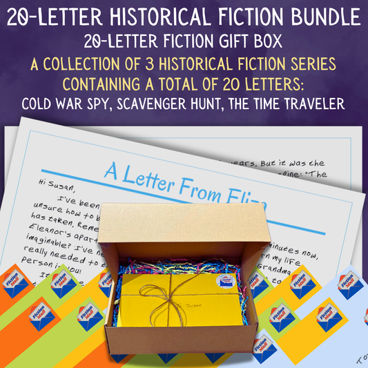 Historical fiction gift box with 20 personalized letters tied with twine in colorful envelopes