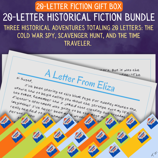 Historical fiction gift box with 20 personalized letters tied with twine in colorful envelopes