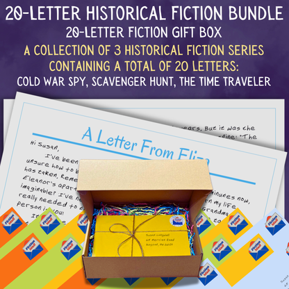 Historical fiction gift box with 20 personalized letters tied with twine in colorful envelopes