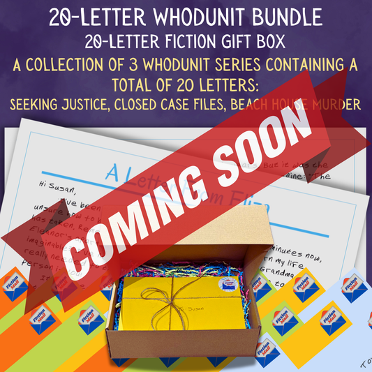 Whodunit fiction gift box with 20 personalized letters tied with twine in colorful envelopes