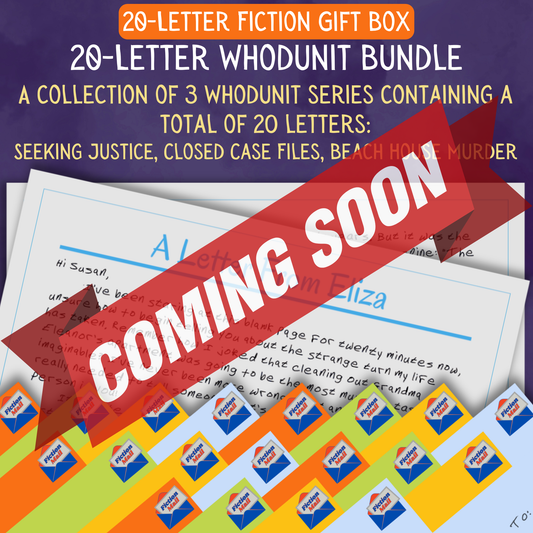 Whodunit fiction gift box with 20 personalized letters tied with twine in colorful envelopes